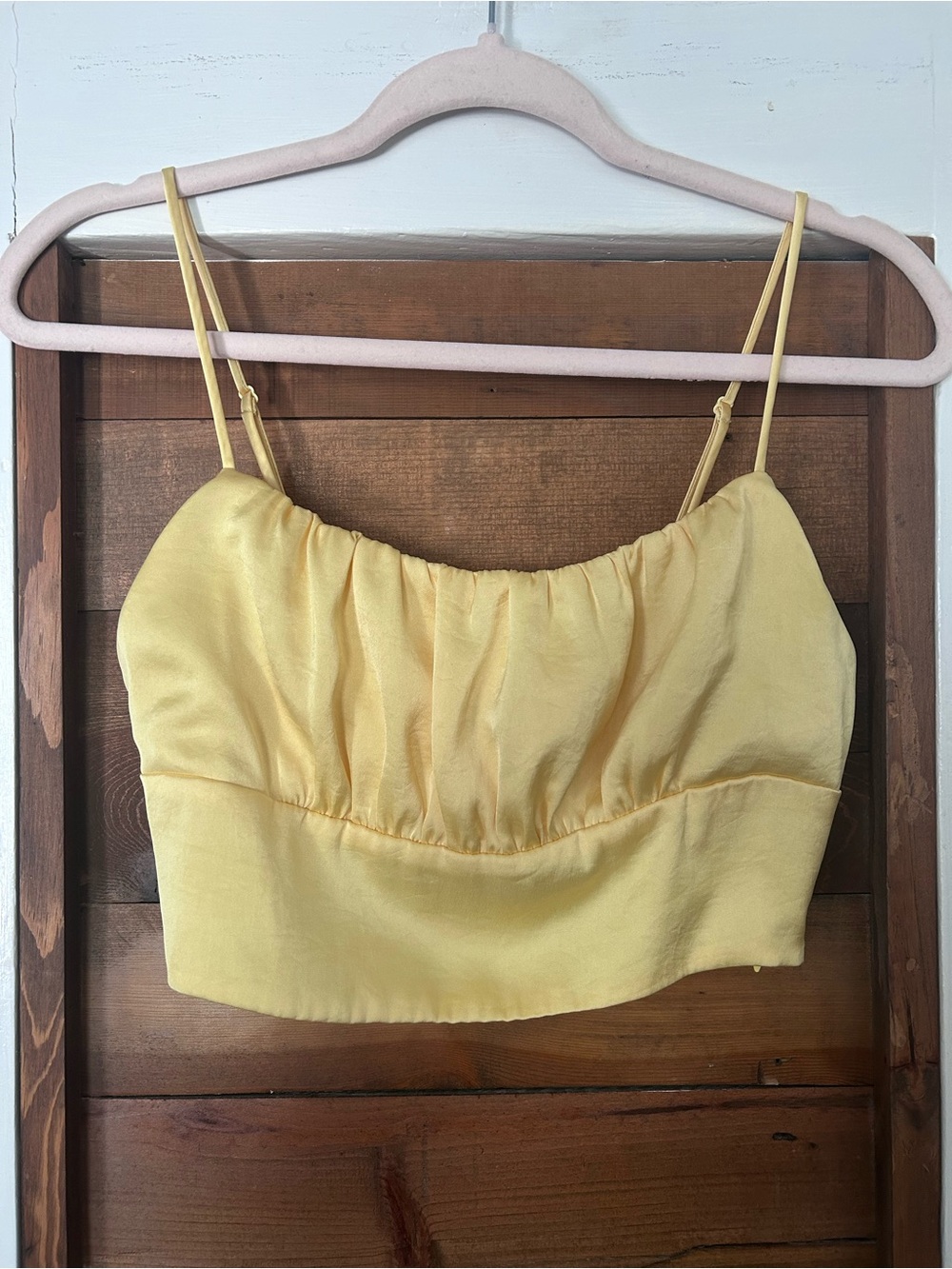 Wilfred Pale Yellow Ruched Spaghetti-Strap Crop Top
